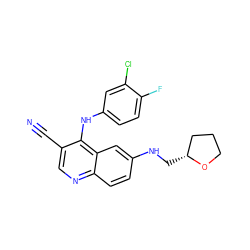 N#Cc1cnc2ccc(NC[C@@H]3CCCO3)cc2c1Nc1ccc(F)c(Cl)c1 ZINC000036177417