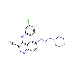 N#Cc1cnc2ccc(NCCN3CCOCC3)cc2c1Nc1ccc(F)c(Cl)c1 ZINC000028604120