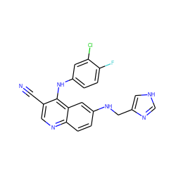 N#Cc1cnc2ccc(NCc3c[nH]cn3)cc2c1Nc1ccc(F)c(Cl)c1 ZINC000014977340