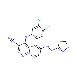 N#Cc1cnc2ccc(NCc3cc[nH]n3)cc2c1Nc1ccc(F)c(Cl)c1 ZINC000036177483