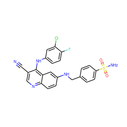 N#Cc1cnc2ccc(NCc3ccc(S(N)(=O)=O)cc3)cc2c1Nc1ccc(F)c(Cl)c1 ZINC000036177471