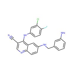 N#Cc1cnc2ccc(NCc3cccc(N)c3)cc2c1Nc1ccc(F)c(Cl)c1 ZINC000036177467