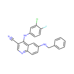 N#Cc1cnc2ccc(NCc3ccccc3)cc2c1Nc1ccc(F)c(Cl)c1 ZINC000036177446