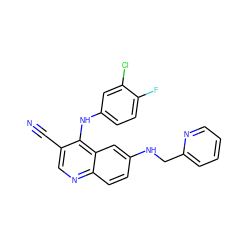 N#Cc1cnc2ccc(NCc3ccccn3)cc2c1Nc1ccc(F)c(Cl)c1 ZINC000036177431