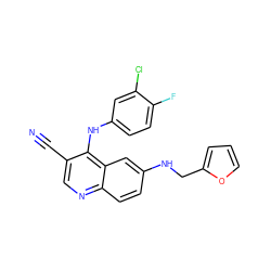 N#Cc1cnc2ccc(NCc3ccco3)cc2c1Nc1ccc(F)c(Cl)c1 ZINC000036177475