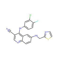 N#Cc1cnc2ccc(NCc3nccs3)cc2c1Nc1ccc(F)c(Cl)c1 ZINC000036177479