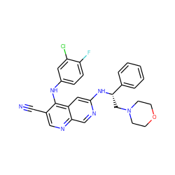 N#Cc1cnc2cnc(N[C@@H](CN3CCOCC3)c3ccccc3)cc2c1Nc1ccc(F)c(Cl)c1 ZINC000028529817