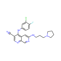 N#Cc1cnc2cnc(NCCCN3CCCC3)cc2c1Nc1ccc(F)c(Cl)c1 ZINC000028529877