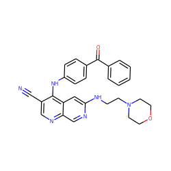 N#Cc1cnc2cnc(NCCN3CCOCC3)cc2c1Nc1ccc(C(=O)c2ccccc2)cc1 ZINC000028529815