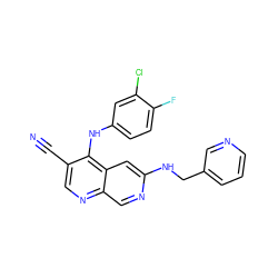 N#Cc1cnc2cnc(NCc3cccnc3)cc2c1Nc1ccc(F)c(Cl)c1 ZINC000020148981