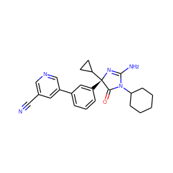 N#Cc1cncc(-c2cccc([C@@]3(C4CC4)N=C(N)N(C4CCCCC4)C3=O)c2)c1 ZINC000218764778