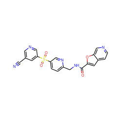 N#Cc1cncc(S(=O)(=O)c2ccc(CNC(=O)c3cc4ccncc4o3)nc2)c1 ZINC001772576210