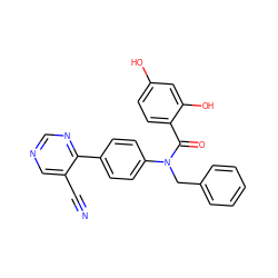 N#Cc1cncnc1-c1ccc(N(Cc2ccccc2)C(=O)c2ccc(O)cc2O)cc1 ZINC000653678245