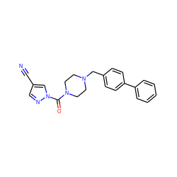 N#Cc1cnn(C(=O)N2CCN(Cc3ccc(-c4ccccc4)cc3)CC2)c1 ZINC000299832159