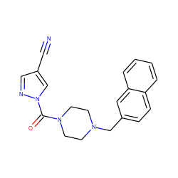 N#Cc1cnn(C(=O)N2CCN(Cc3ccc4ccccc4c3)CC2)c1 ZINC000299835502