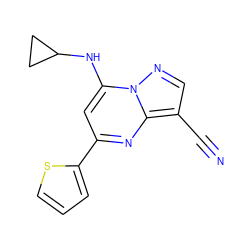 N#Cc1cnn2c(NC3CC3)cc(-c3cccs3)nc12 ZINC000084710291