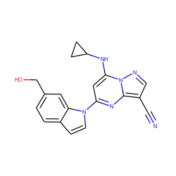 N#Cc1cnn2c(NC3CC3)cc(-n3ccc4ccc(CO)cc43)nc12 ZINC000084711044