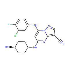 N#Cc1cnn2c(Nc3ccc(F)c(Cl)c3)cc(N[C@H]3CC[C@H](N)CC3)nc12 ZINC000254093156