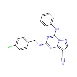 N#Cc1cnn2c(Nc3ccccc3)nc(NCc3ccc(Cl)cc3)nc12 ZINC000016052398