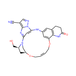 N#Cc1cnn2c3cc(nc12)N1C[C@H](C[C@H]1CO)OC/C=C/COc1cc(cc2c1NC(=O)CC2)N3 ZINC001772613333