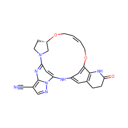 N#Cc1cnn2c3cc(nc12)N1CC[C@@H](C1)OC/C=C/COc1cc(cc2c1NC(=O)CC2)N3 ZINC001772605628