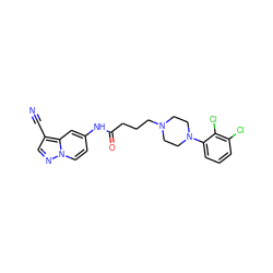 N#Cc1cnn2ccc(NC(=O)CCCN3CCN(c4cccc(Cl)c4Cl)CC3)cc12 ZINC001772586054