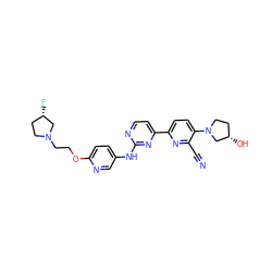 N#Cc1nc(-c2ccnc(Nc3ccc(OCCN4CC[C@H](F)C4)nc3)n2)ccc1N1CC[C@H](O)C1 ZINC000221989694