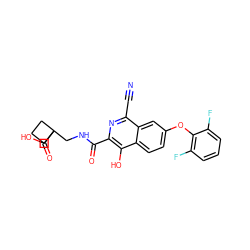 N#Cc1nc(C(=O)NCC2(C(=O)O)CCC2)c(O)c2ccc(Oc3c(F)cccc3F)cc12 ZINC000146663539