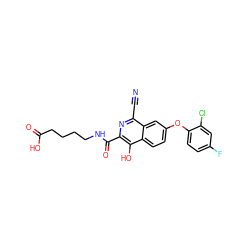 N#Cc1nc(C(=O)NCCCCC(=O)O)c(O)c2ccc(Oc3ccc(F)cc3Cl)cc12 ZINC000146670010