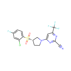 N#Cc1nc(N2CC[C@H](S(=O)(=O)c3ccc(F)cc3Cl)C2)cc(C(F)(F)F)n1 ZINC000168751785