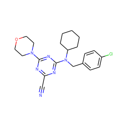 N#Cc1nc(N2CCOCC2)nc(N(Cc2ccc(Cl)cc2)C2CCCCC2)n1 ZINC000205243493