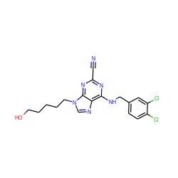 N#Cc1nc(NCc2ccc(Cl)c(Cl)c2)c2ncn(CCCCCO)c2n1 ZINC000014977898