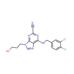 N#Cc1nc(NCc2ccc(Cl)c(Cl)c2)c2ncn(CCCO)c2n1 ZINC000014977889