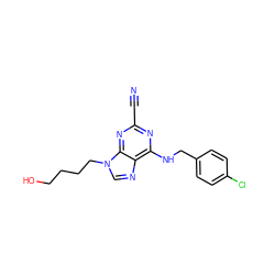 N#Cc1nc(NCc2ccc(Cl)cc2)c2ncn(CCCCO)c2n1 ZINC000014977864