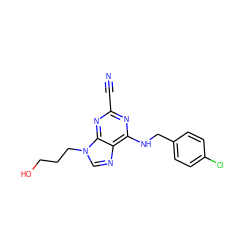 N#Cc1nc(NCc2ccc(Cl)cc2)c2ncn(CCCO)c2n1 ZINC000014977861