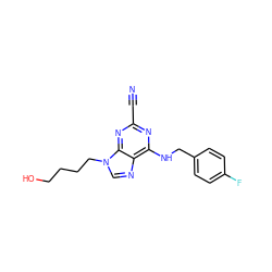 N#Cc1nc(NCc2ccc(F)cc2)c2ncn(CCCCO)c2n1 ZINC000014977850