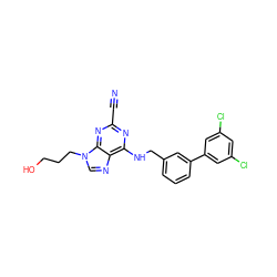 N#Cc1nc(NCc2cccc(-c3cc(Cl)cc(Cl)c3)c2)c2ncn(CCCO)c2n1 ZINC000040954252