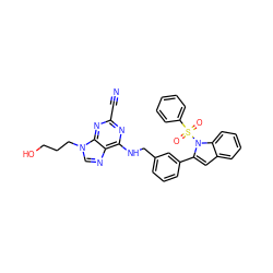 N#Cc1nc(NCc2cccc(-c3cc4ccccc4n3S(=O)(=O)c3ccccc3)c2)c2ncn(CCCO)c2n1 ZINC000049709757