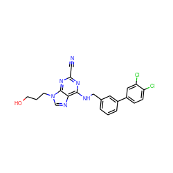 N#Cc1nc(NCc2cccc(-c3ccc(Cl)c(Cl)c3)c2)c2ncn(CCCO)c2n1 ZINC000040954628