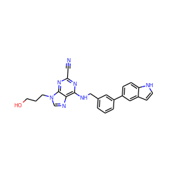 N#Cc1nc(NCc2cccc(-c3ccc4[nH]ccc4c3)c2)c2ncn(CCCO)c2n1 ZINC000045257950