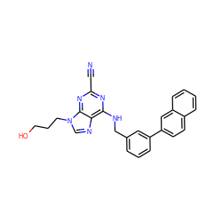 N#Cc1nc(NCc2cccc(-c3ccc4ccccc4c3)c2)c2ncn(CCCO)c2n1 ZINC000040424675