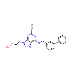 N#Cc1nc(NCc2cccc(-c3ccccc3)c2)c2ncn(CCCO)c2n1 ZINC000040975949