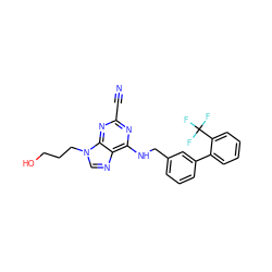 N#Cc1nc(NCc2cccc(-c3ccccc3C(F)(F)F)c2)c2ncn(CCCO)c2n1 ZINC000045284599