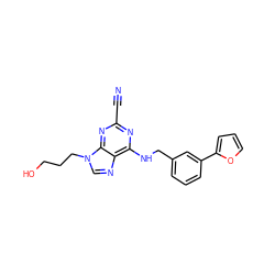 N#Cc1nc(NCc2cccc(-c3ccco3)c2)c2ncn(CCCO)c2n1 ZINC000040974595