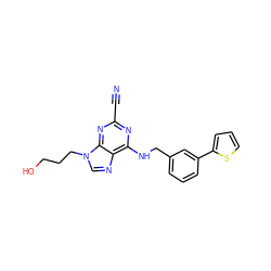 N#Cc1nc(NCc2cccc(-c3cccs3)c2)c2ncn(CCCO)c2n1 ZINC000040431247