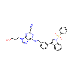 N#Cc1nc(NCc2cccc(-c3cn(S(=O)(=O)c4ccccc4)c4ccccc34)c2)c2ncn(CCCO)c2n1 ZINC000049722776