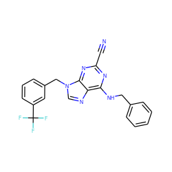 N#Cc1nc(NCc2ccccc2)c2ncn(Cc3cccc(C(F)(F)F)c3)c2n1 ZINC000014977847