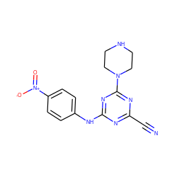 N#Cc1nc(Nc2ccc([N+](=O)[O-])cc2)nc(N2CCNCC2)n1 ZINC001772580198