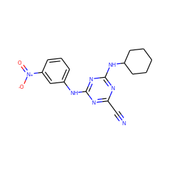 N#Cc1nc(Nc2cccc([N+](=O)[O-])c2)nc(NC2CCCCC2)n1 ZINC001772625864