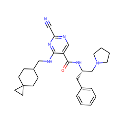 N#Cc1ncc(C(=O)N[C@@H](Cc2ccccc2)CN2CCCC2)c(NCC2CCC3(CC2)CC3)n1 ZINC000040380693